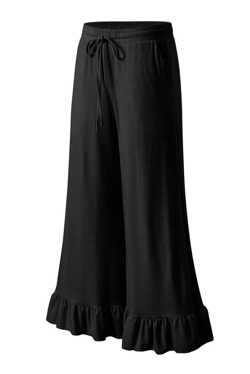 Pull On Elastic High Waist Drawstring Pocket Ruffle Hem Wide Leg Pants